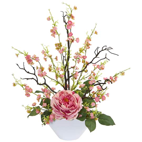 23&#x22; Rose &#x26; Cherry Blossom Arrangement in White Planter